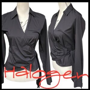 Halogen Black Stretch Cotton V-Neck Collared Long Sleeve Wrap Blouse Top (XS)